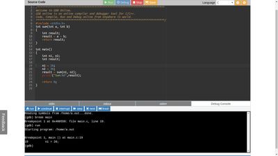 Run C/C++ program under debug mode. And can run gdb commands in debug console.