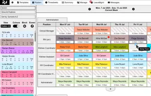 Rostering and scheduling with easy drag-drop functionality. Get warned when people have applied for leave and you try to roster them on.