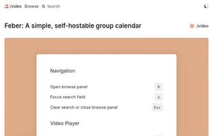 Above a video page there is a floating dialog with the headings "Navigation"
and "Video Player", each describing various keyboard shortcuts like for
instance "b: Open browse panel" or "s: Focus search field". In the footer of
the page there is a link titled "Shortcuts".