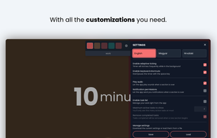 Lots of settings, spread across into three tabs, allow you to use the app as you see fit. Set the timers' lengths, the frequency of long pauses and much more!