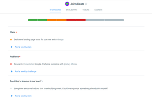 Weekly planning (Check-ins) — employees add their plans for the week to drive Team OKRs forward. They can also drag completed plans to Progress, and highlight problems they encountered.