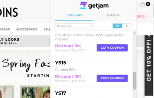 Real-life example of coupons in Chrome browser - GetJam extension 