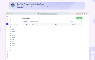 Train Your AI Agents on Your Knowledge:
Organize your business knowledge in one secure hub. Upload, manage, and structure information that powers your AI agents.