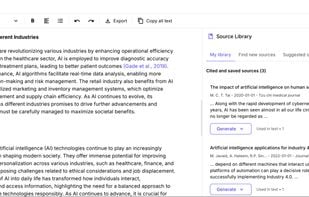 Screenshot showing a generated draft with headings like "Role of AI in Different Industries" and "Conclusion." The right sidebar highlights saved sources, with options to add or generate new ones.