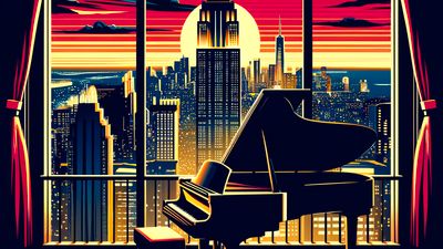 A silhouette of a grand piano overlooking a dusky cityscape viewed from a top-floor penthouse, rendered in the bold and vivid style of a vintage travel poster.