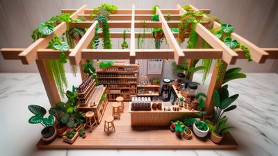 A minimap diorama of a cafe adorned with indoor plants. Wooden beams crisscross above, and a cold brew station stands out with tiny bottles and glasses.