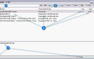Main search window. 1: Type query.
2: Menu + search options.
3: Result list with Part 1, Part 2, Key(board shortcut), Short(hand, abbreviation). Columns are dynamic, if part 2, key or short are not present in the loaded bundle(s) they will not be displayed.
4: Preview of top most or selected snippet text. In statusbar: loaded bundle(s) and hits / number of snippets.