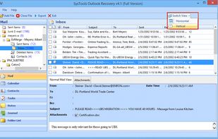 •	The application initializes the scanning process and previews all email data in Normal and Attachment views. It even preview the consisting items in Horizontal and Vertical Views customized as per user convenience. 
