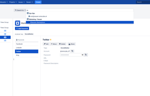 Securely store passwords in Sesam
Passwords are organised in groups and will be stored safely with AES encryption. A global search bar and a bookmark tool offer quick and easy access to your passwords.