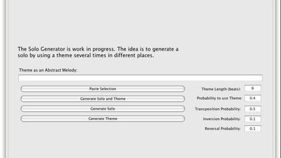 The Solo Generator tab represents some work that is not fully developed. The idea is to generate a solo that reuses a theme from time to time, based on specified probabilities of reuse.