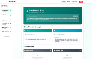 Example proofa.io email test report. Get better insights with proofa.io