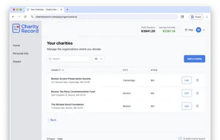 Charity Record list page, showing charities with address, edit, and delete options