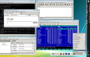 coLinux console running with native Linux Firefox, SciTE, midnight commander, and XFCE panel