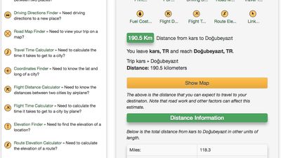 Provides detailed distance calculations for a trip in kilometers, miles and other units.