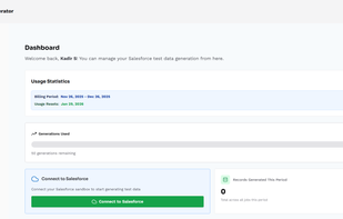 Dashboard overview showing usage statistics, billing period, and "Connect to Salesforce" button