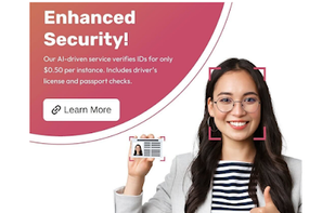 It shows a smiling woman wearing glasses, giving a thumbs-up, while holding an ID card. Pink facial-recognition scan brackets frame her face, suggesting AI identity verification.