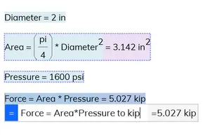 Calculate force from pressure and area, then convert force to kips.