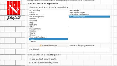 Firejail user interface: choosing the application