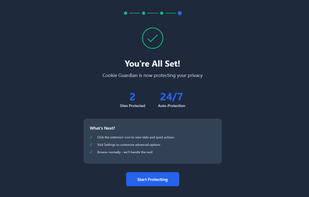Setup complete confirmation showing sites protected and 24/7 automatic protection status