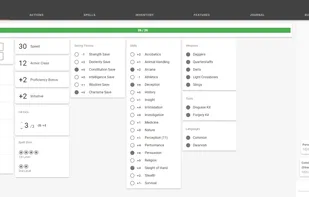 The Stats screen, from which you can roll ability checks and see your health, stats, and other attributes.