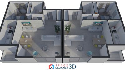 Photorealistic rendering, 3D view of two flats