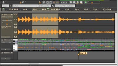 Audacity 2.2.0 running on Linux, audio track and MIDI track playing