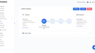 Get detailed insight into the progress of your direct mail over time. Send your letters securely, quickly, and safely with PostGrid's Print & Mail API in just a few clicks.