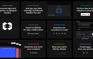 Key features including voice input, graphics generation, and mobile creation.