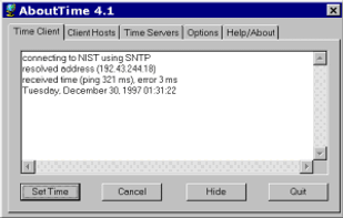 Here is a typical client session. In this example, AboutTime reports a 3 millisecond difference between the local computer's clock and the network time server.