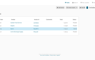 Accounts payable screen, viewing invoices that have been entered into BarSight.