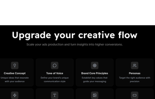 Creative Workflow Elements :
Upgrade your creative workflow with AI-powered brand elements. Generate creative concepts, define tone of voice, establish brand principles, and create targeted personas. Scale ad production while maintaining brand consistency across all campaigns.