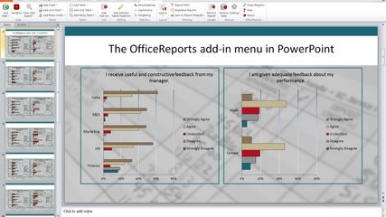 Add the OfficeReports menu to your PowerPoint and Word in less than a minute - and you are ready to start analyzing and reporting raw data directly in your preferred presentation tool!