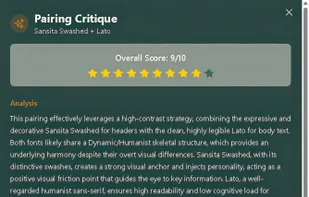 AI pairing critique with 1-10 score, detailed analysis of visual harmony, and specific recommendations for improving font combinations.