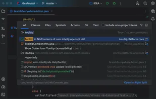 In the Search Everywhere window, you can search for files, actions, classes, symbols, settings, UI elements, and anything in Git, all from a single entry point.
