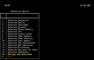 This image displays the same text-based menu as before, but with user interaction. Here, the user entered option 9, which corresponds to "Generate Fake Identity". After selecting this option, a new prompt appeared, asking the user to enter the number of identities to generate, with the default set to 10.