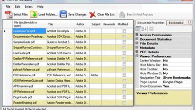 Select multiple PDF files and folders to load into the application. All loaded documents are shown in a spreadsheet-like view by displaying file name, title, subject, author and keywords standard metadata fields. 