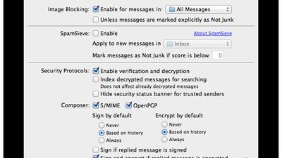 Security is taken seriously by MailMate. This is best illustrated by the Security preferences pane. You have full control of image blocking, spam filtering (third party software), and you can send/receive messages using either OpenPGP or S/MIME.