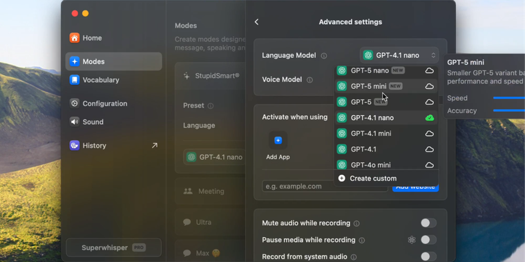 Superwhisper 2.2.2 now offers support for GPT-5, nano, and mini models image