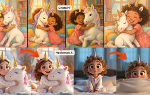 ChatGPT/Midjourney vs Neolemon: Character consistency comparison. ChatGPT generates different-looking characters each time, while Neolemon keeps the same character identical across multiple scenes.