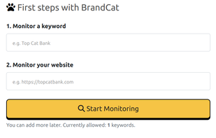 First step - add your first brand keyword and website to monitor. Keyword can be your company name, product name - anything