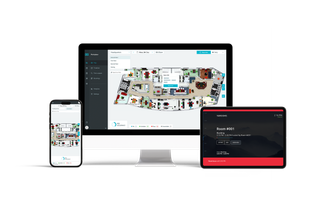 YAROOMS interactive office map, mobile app, and room panel.