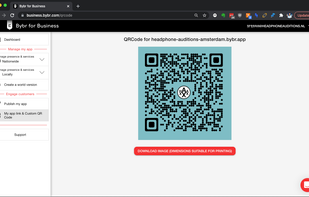 After requesting the publishing of your web app, you get an universal app link and a High Resolution QR code 100% at your colors and suitable for printing.