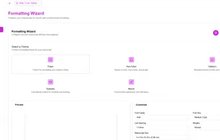 The Formatting Wizard where authors can select themes (fiction, nonfiction, memoir, children’s, textbooks) and customize fonts, margins, spacing, and trim size before exporting professionally formatted files.