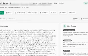 “AI-generated study packs organized into summaries, notes, flashcards, quizzes, mind maps, audio, and more — all structured for efficient learning.”