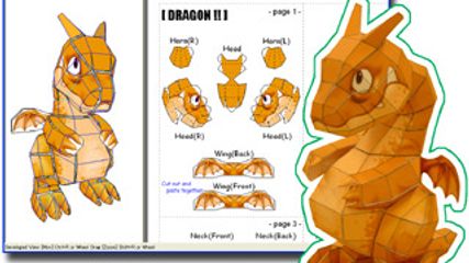 A screenshot of Pepakura Designer and an assembled dragon papercraft.