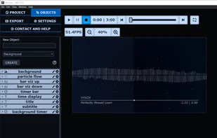 Objects tab with all objects tab closed, and a project with two bar visualizers, timers, text, a particle flow and a background (shape)
