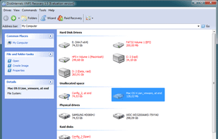 Main window, displays available logical disks, virtual machine disks, raid's.