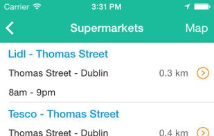 Results page provides a list of nearby stores matching the search criteria, alongside opening hours and the distance the stores are from the users current location.