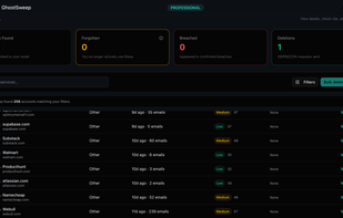The services page lists every detected service linked to your email, with risk indicators and quick actions to review or delete each account.