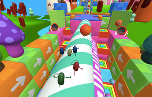 Racing across a slippery beam and avoiding balls shooting from a cannon